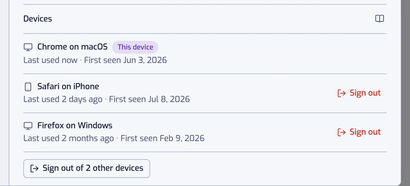 The Devices section of the Account settings, listing two signed-in devices with the current one badged This device