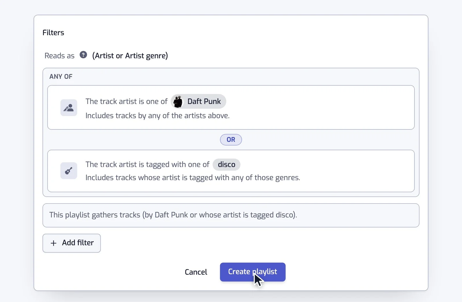 On the create page, the pill between two filters switches from AND to OR and the two filters join in one group.
