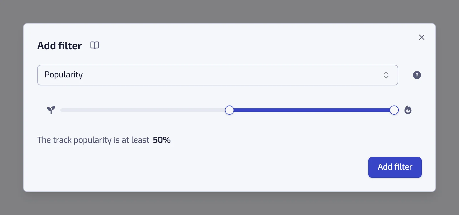 The Popularity filter dialog with its two-handle slider and the sentence below it