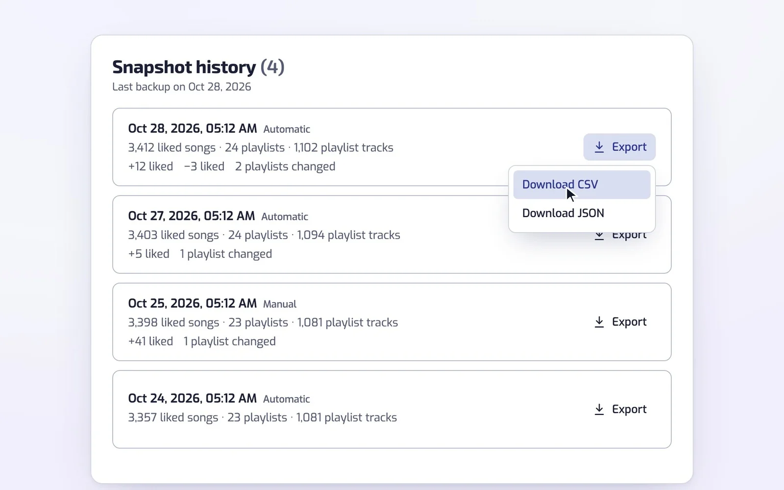 A new automatic backup dated Oct 28 slides to the top of the “Snapshot history” list with its counts of liked songs, playlists and playlist tracks and the changes since the previous one, then a cursor clicks “Export” and points at “Download CSV”.