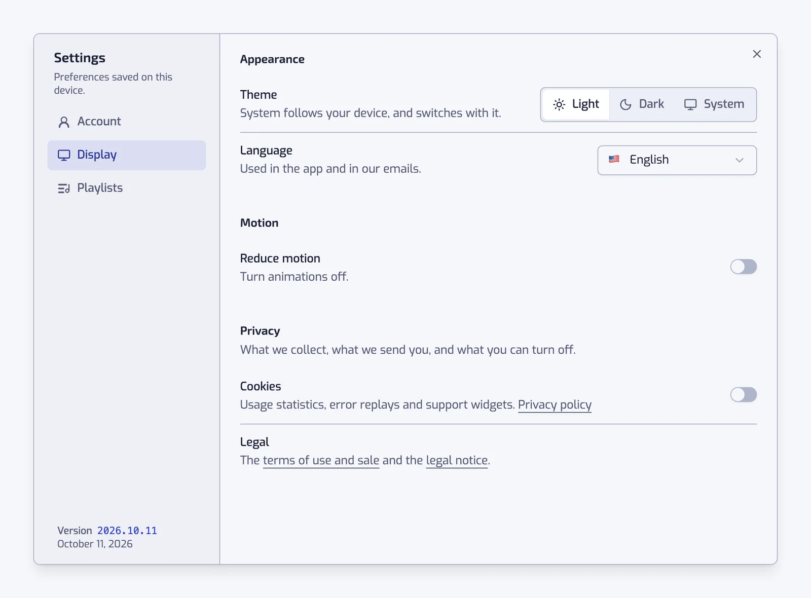 The Display section with the Theme and Language segmented controls, the Reduce motion switch, and under Privacy the Cookies switch, the switches for emails about new features and recap emails and the Legal line