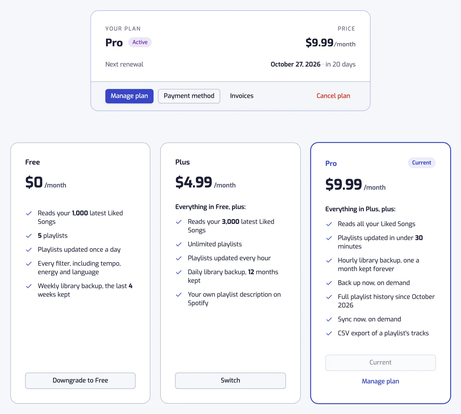 The Subscription page with the Free, Plus and Pro cards