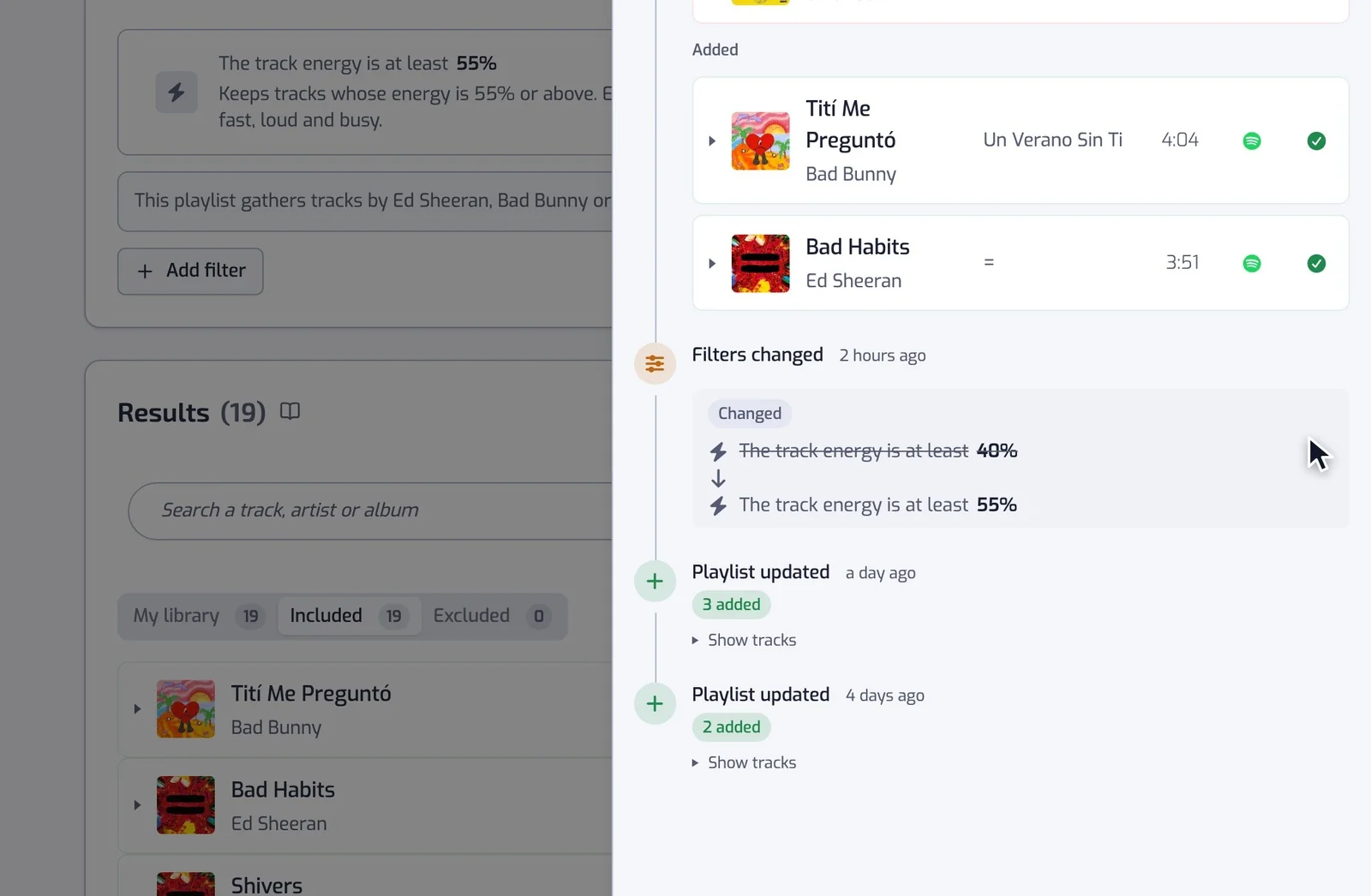 The History panel of a playlist: updates with tracks added and removed, a filter change, and a removed track opened to show the filter it failed.