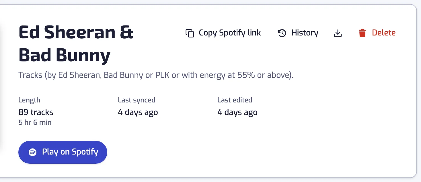 A playlist page: cover, editable name and description, track count, last sync and the Play on Spotify button