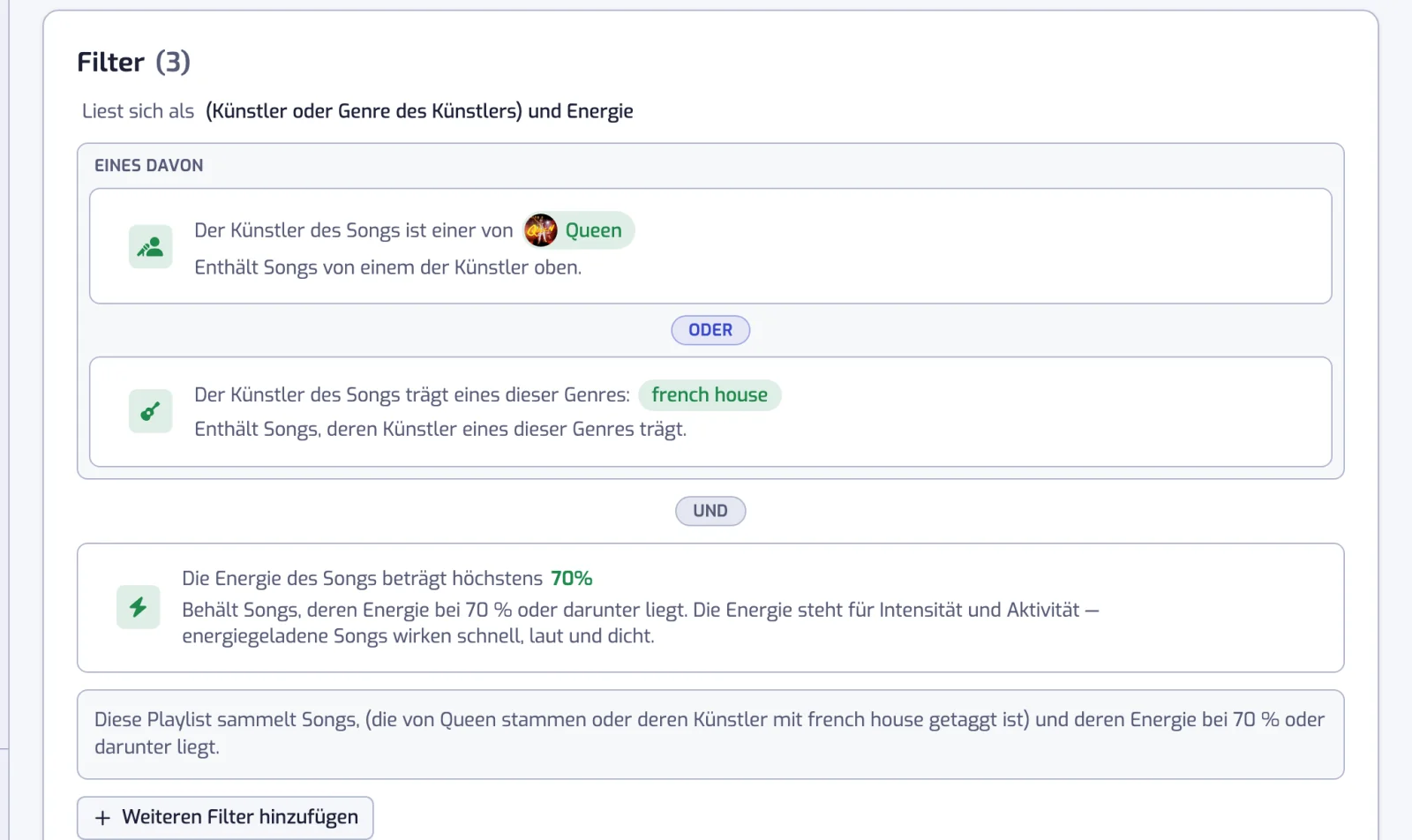 Eine Filterliste mit einer UND-Pille zwischen zwei Zeilen und einem Kasten Eines davon, der zwei mit ODER verknüpfte Filter gruppiert