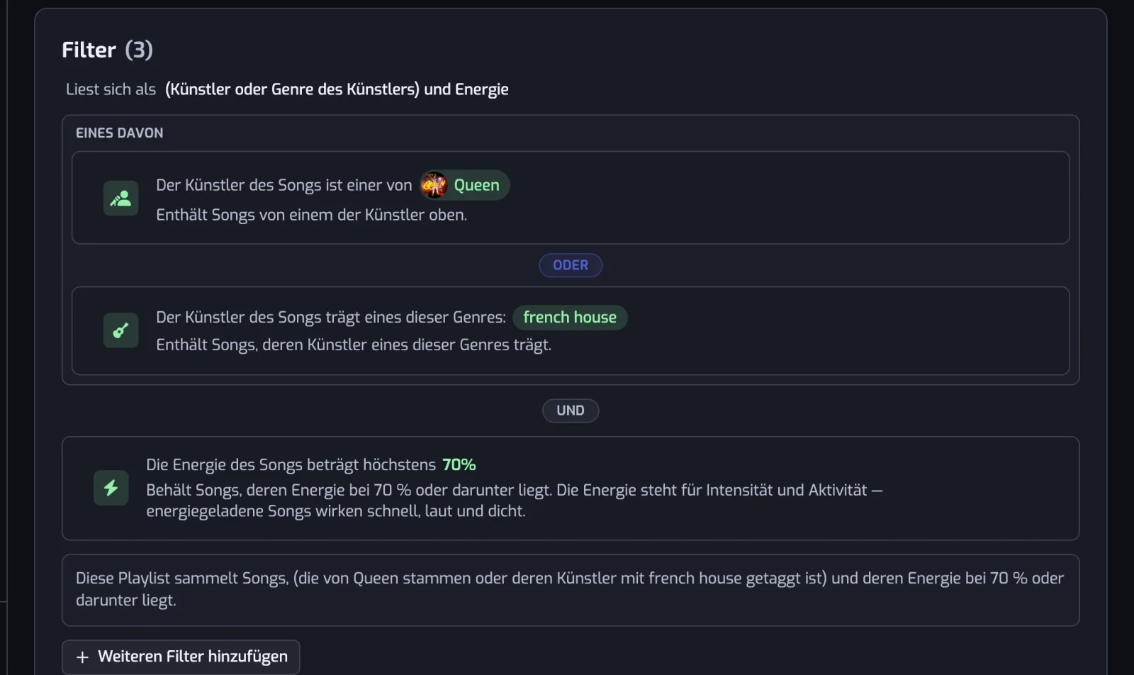 Eine Filterliste mit einer UND-Pille zwischen zwei Zeilen und einem Kasten Eines davon, der zwei mit ODER verknüpfte Filter gruppiert