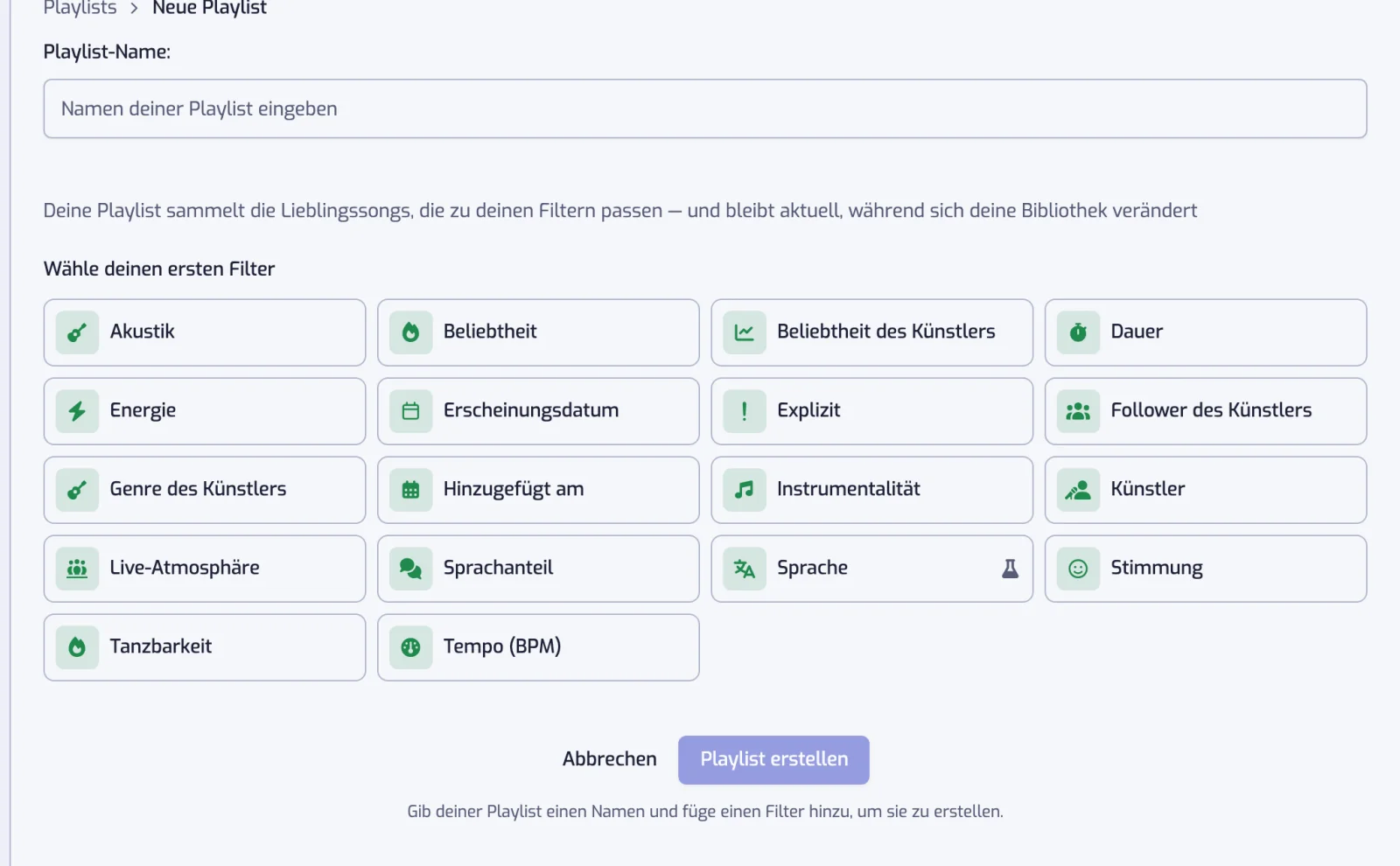 Die Erstellen-Seite mit dem Feld Playlist-Name, dem Raster der Filtertypen und dem Button Playlist erstellen