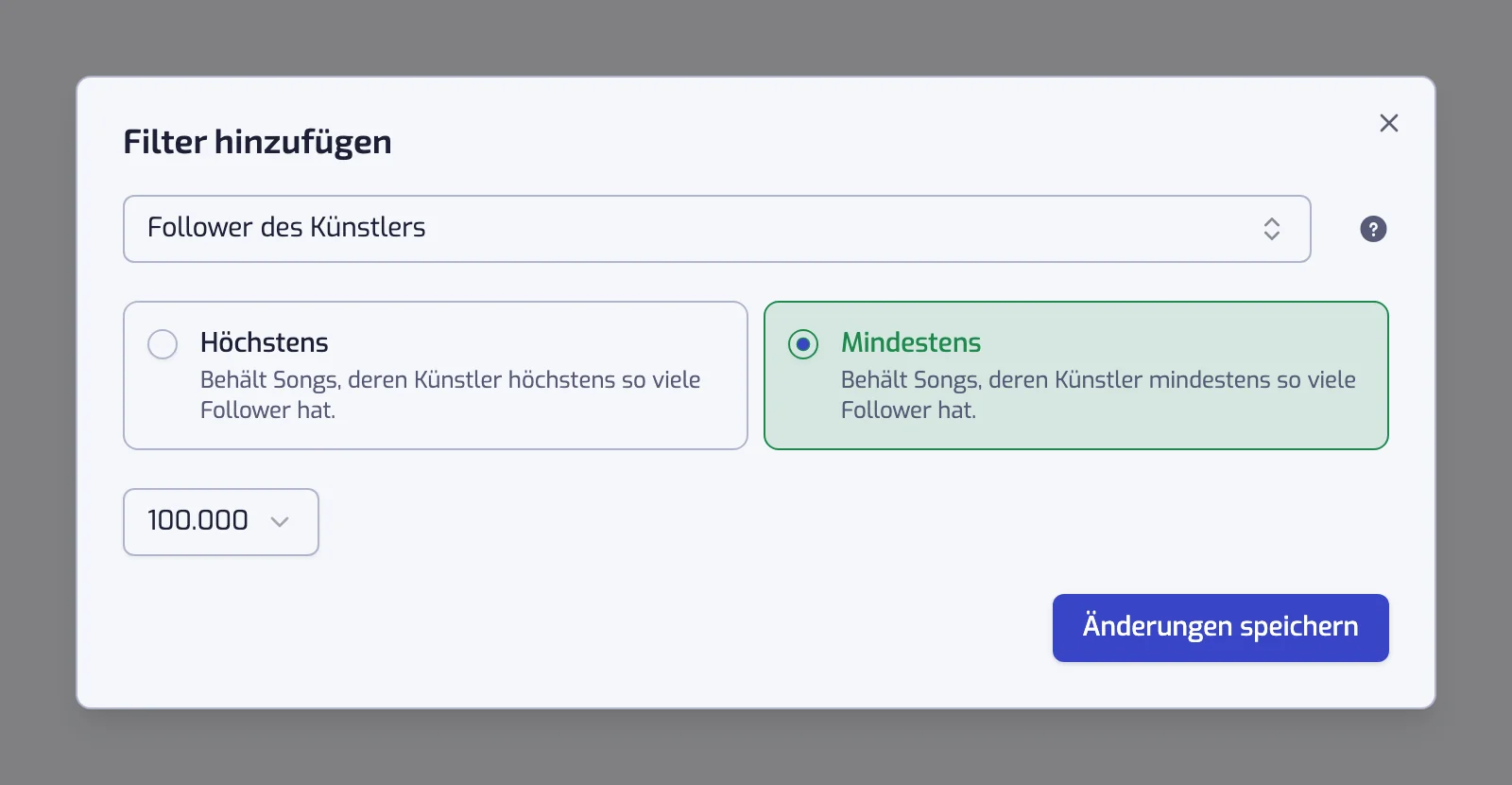 Der Dialog Filter hinzufügen mit dem Feld für den Filtertyp, den Operator-Karten und dem Wertregler