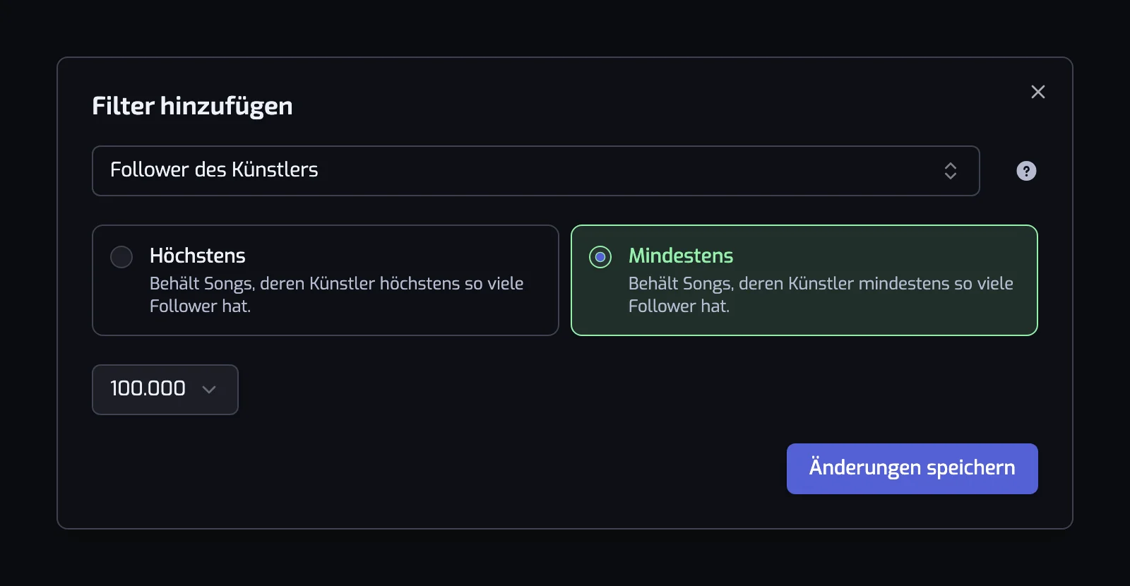 Der Dialog Filter hinzufügen mit dem Feld für den Filtertyp, den Operator-Karten und dem Wertregler