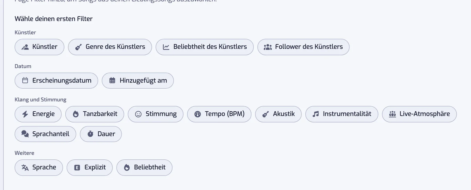 Die Seite Neue Playlist mit den Filtertypen als Buttons, gruppiert unter Künstler, Datum, Klang und Stimmung und Sonstiges
