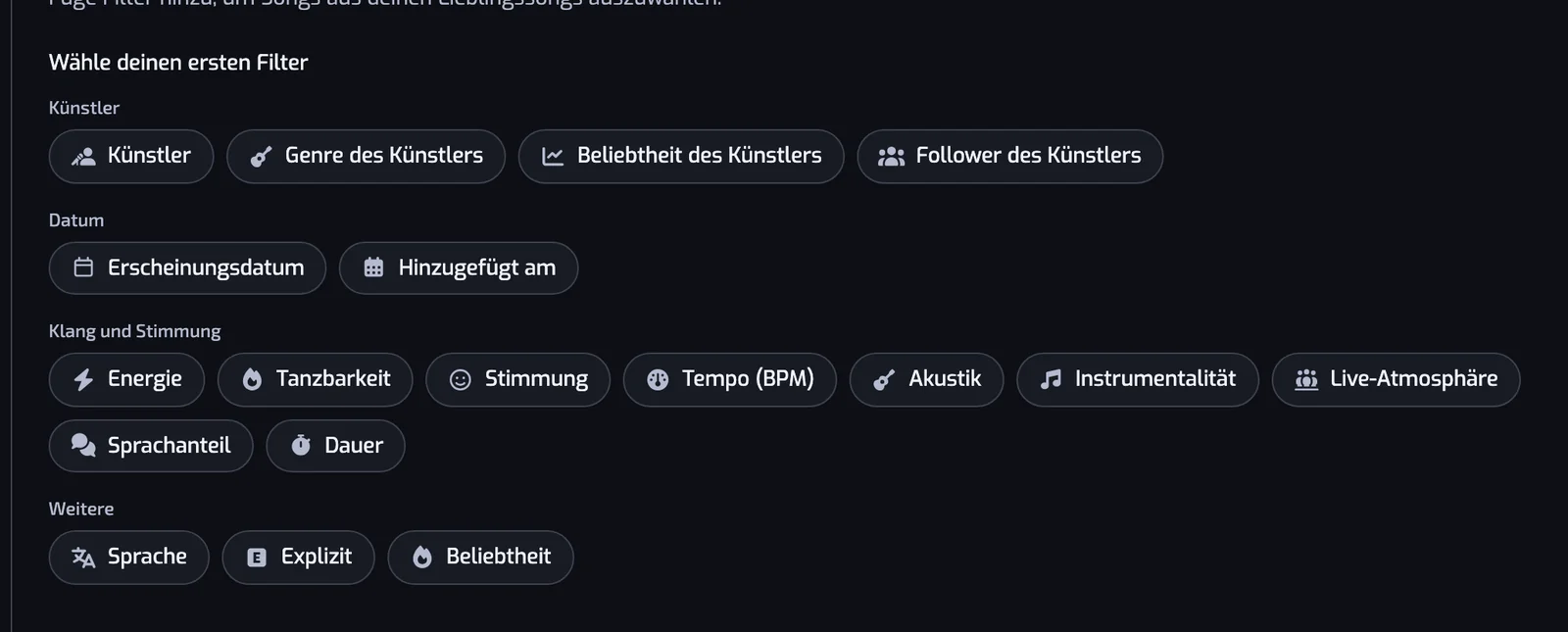 Die Seite Neue Playlist mit den Filtertypen als Buttons, gruppiert unter Künstler, Datum, Klang und Stimmung und Sonstiges