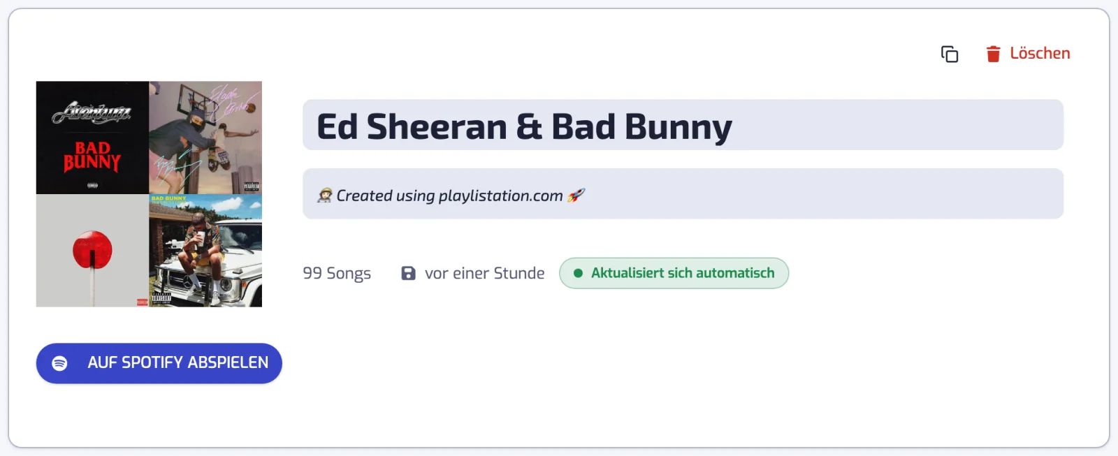 Eine Playlist-Seite: Cover, bearbeitbarer Name und Beschreibung, Songanzahl, Sync-Status und der Button AUF SPOTIFY ABSPIELEN