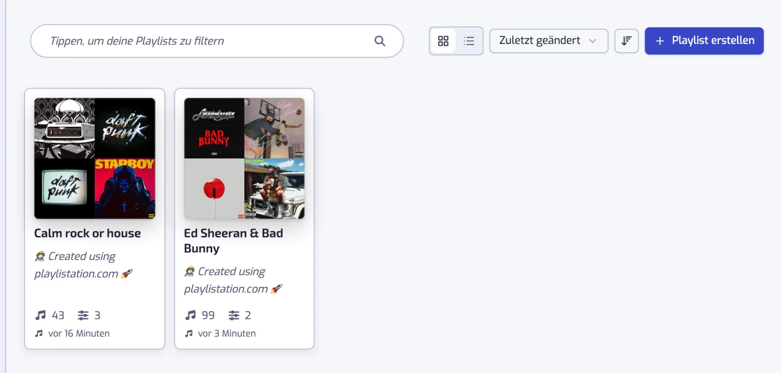 Die Playlists-Seite in der Rasteransicht mit dem Suchfeld, dem Ansichtsschalter und den Sortieroptionen