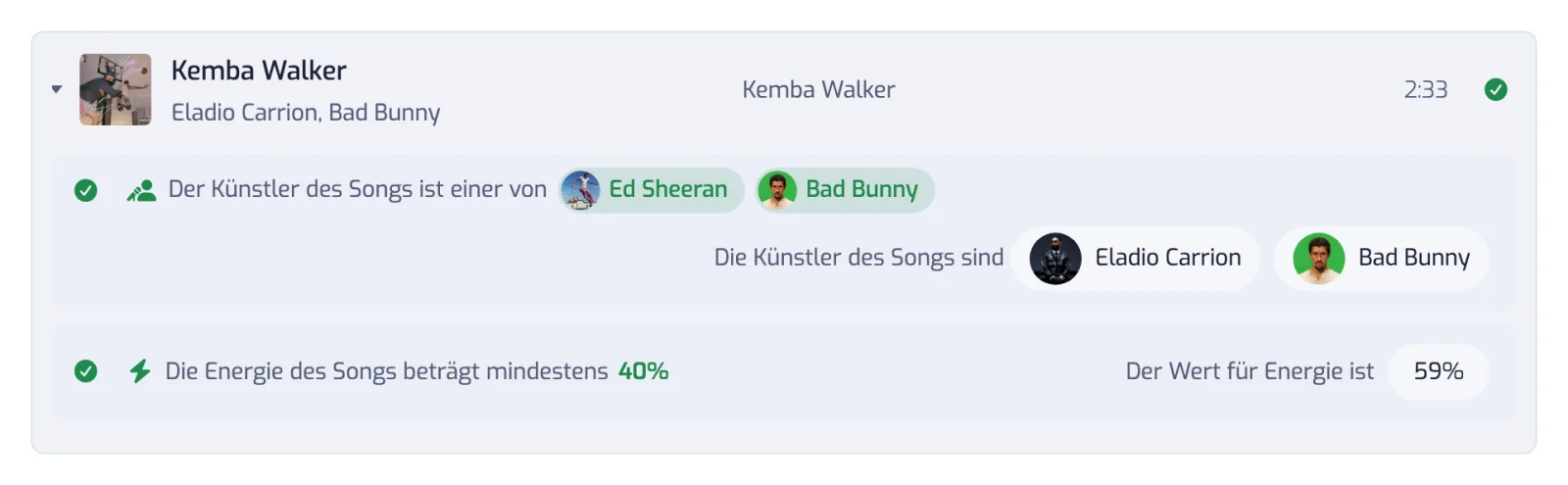 Eine aufgeklappte Songzeile mit einer Zeile pro Filter, jeweils mit Häkchen oder Kreuz und dem Wert, den der Song erreicht hat