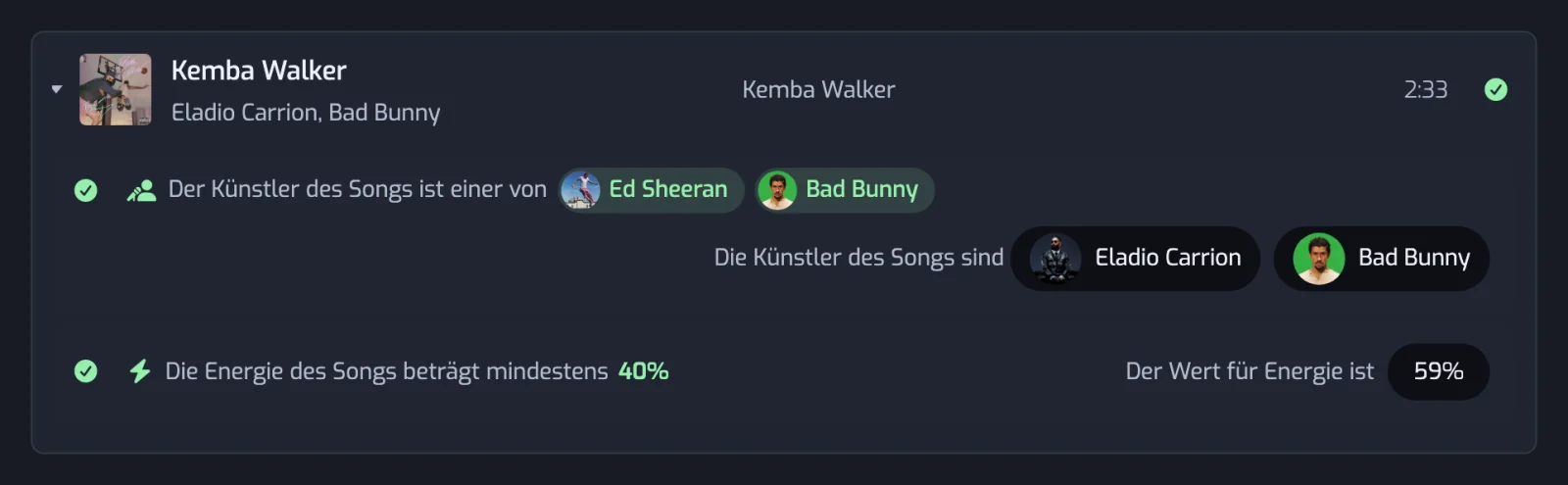 Eine aufgeklappte Songzeile mit einer Zeile pro Filter, jeweils mit Häkchen oder Kreuz und dem Wert, den der Song erreicht hat