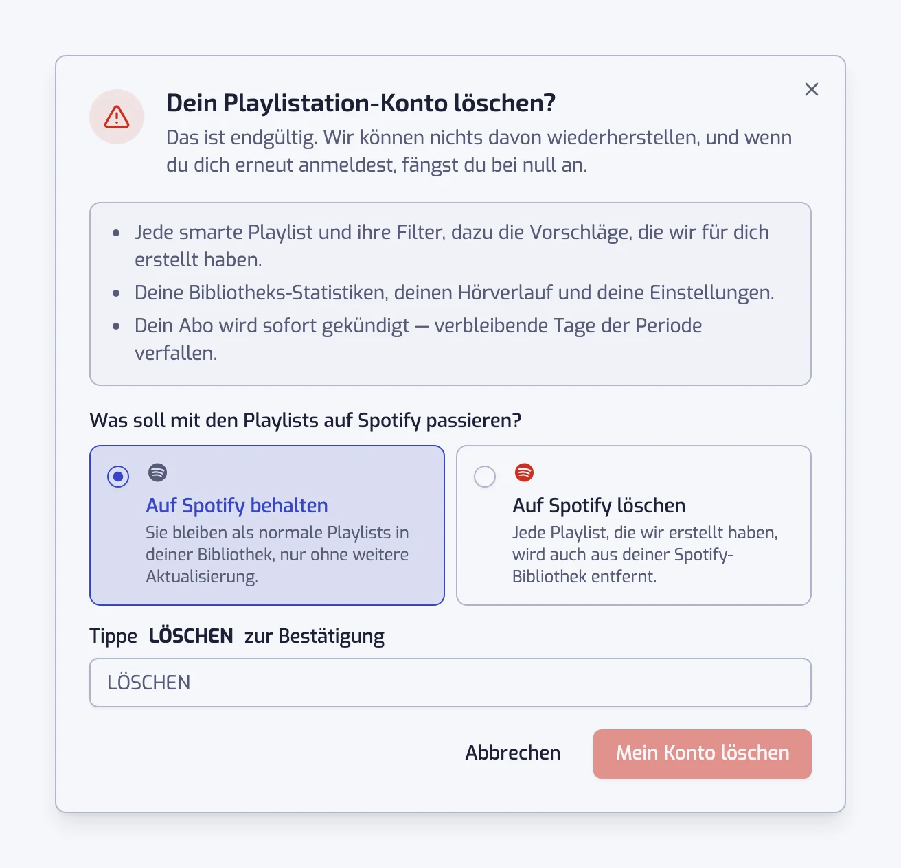 Der Dialog zum Löschen des Kontos mit den Optionen Auf Spotify behalten und Auf Spotify löschen und dem Bestätigungsfeld