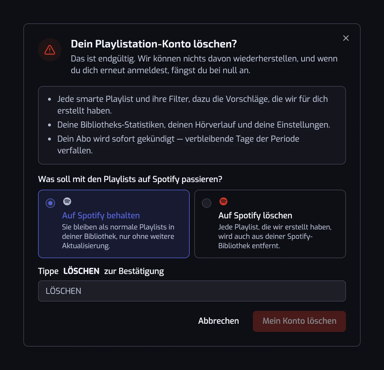 Der Dialog zum Löschen des Kontos mit den Optionen Auf Spotify behalten und Auf Spotify löschen und dem Bestätigungsfeld