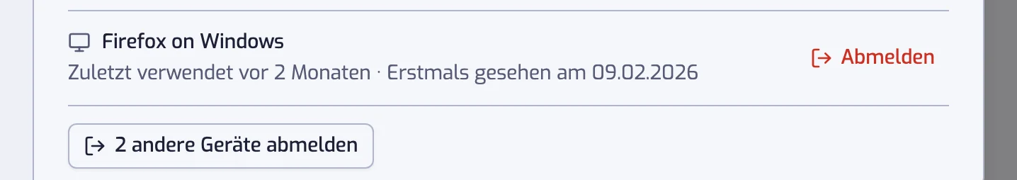 Die Geräteliste mit dem Abmelden-Knopf in der Zeile eines anderen Geräts und dem Knopf 1 anderes Gerät abmelden unter der Liste