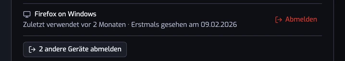 Die Geräteliste mit dem Abmelden-Knopf in der Zeile eines anderen Geräts und dem Knopf 1 anderes Gerät abmelden unter der Liste