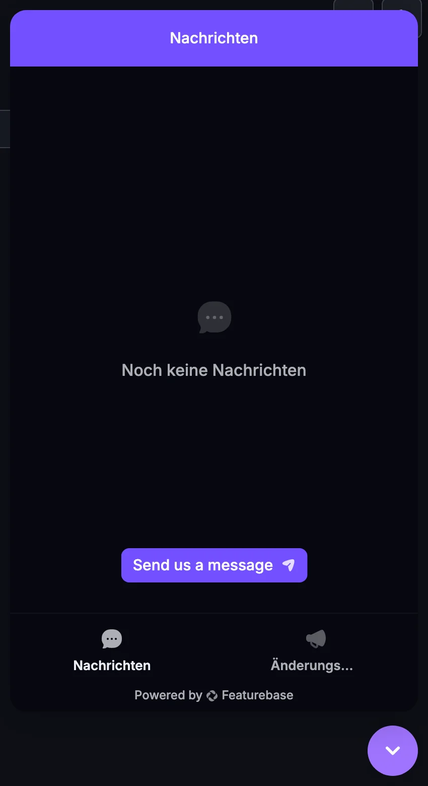 Die Chat-Blase in der unteren Ecke der App, mit geöffnetem Gesprächsbereich