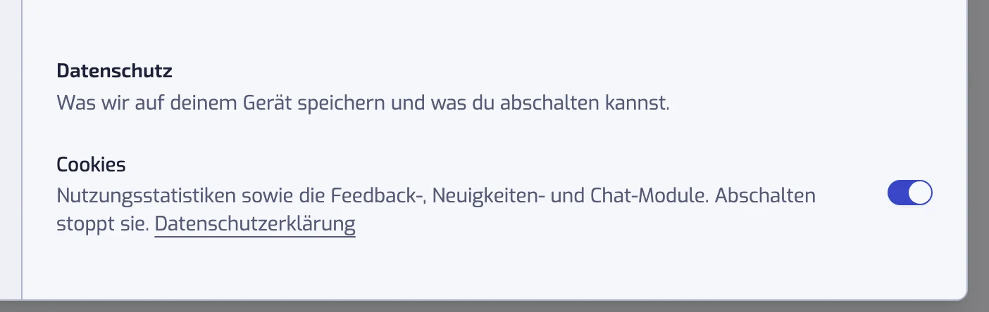 Die Überschrift Datenschutz im Abschnitt Anzeige der Einstellungen, mit dem Schalter Cookies