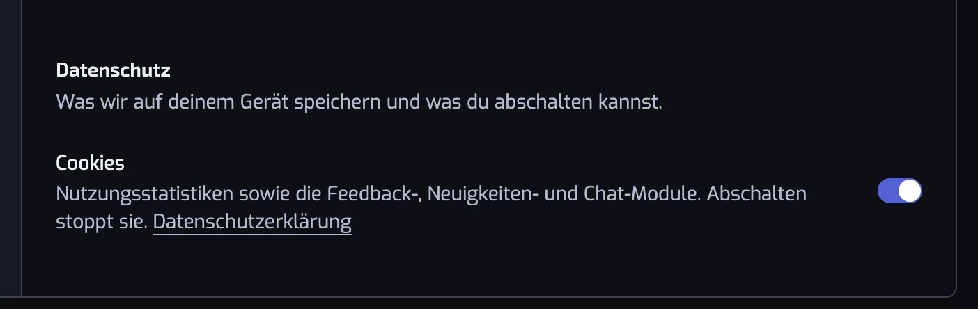 Die Überschrift Datenschutz im Abschnitt Anzeige der Einstellungen, mit dem Schalter Cookies