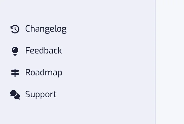 Das untere Ende der App-Seitenleiste mit den Zeilen Changelog, Feedback, Roadmap und Support