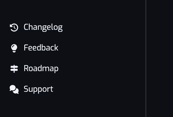 Das untere Ende der App-Seitenleiste mit den Zeilen Changelog, Feedback, Roadmap und Support