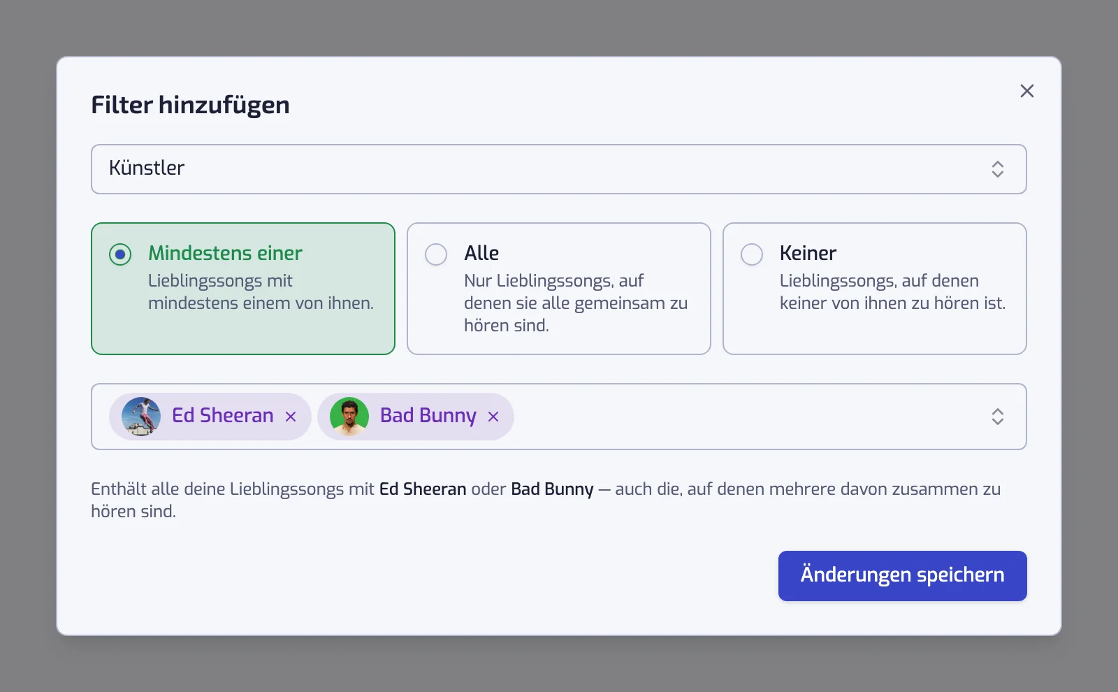 Der Künstler-Filterdialog mit den Karten Mindestens einer, Alle und Keiner und zwei ausgewählten Künstlern