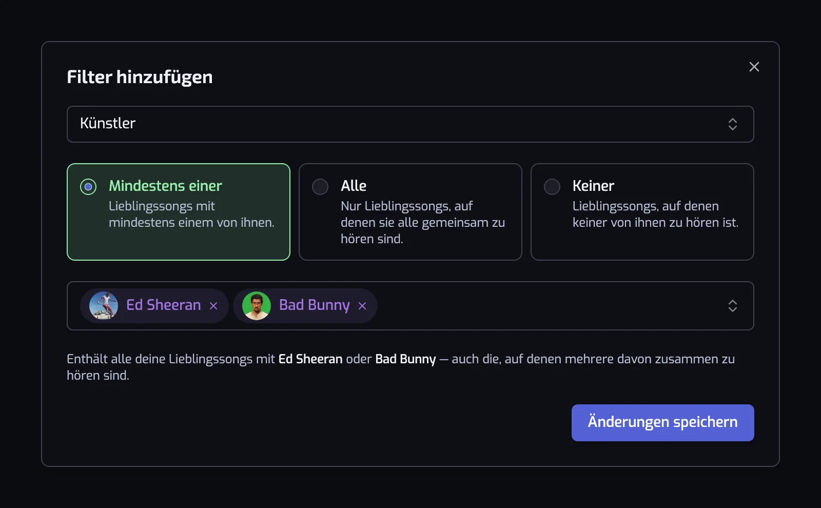 Der Künstler-Filterdialog mit den Karten Mindestens einer, Alle und Keiner und zwei ausgewählten Künstlern