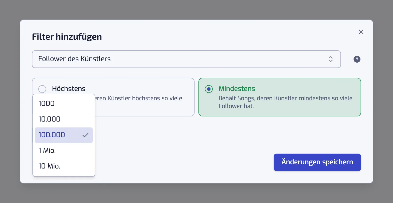Der Filterdialog Follower des Künstlers mit den Karten Mindestens und Höchstens und der geöffneten Liste der Follower-Zahlen