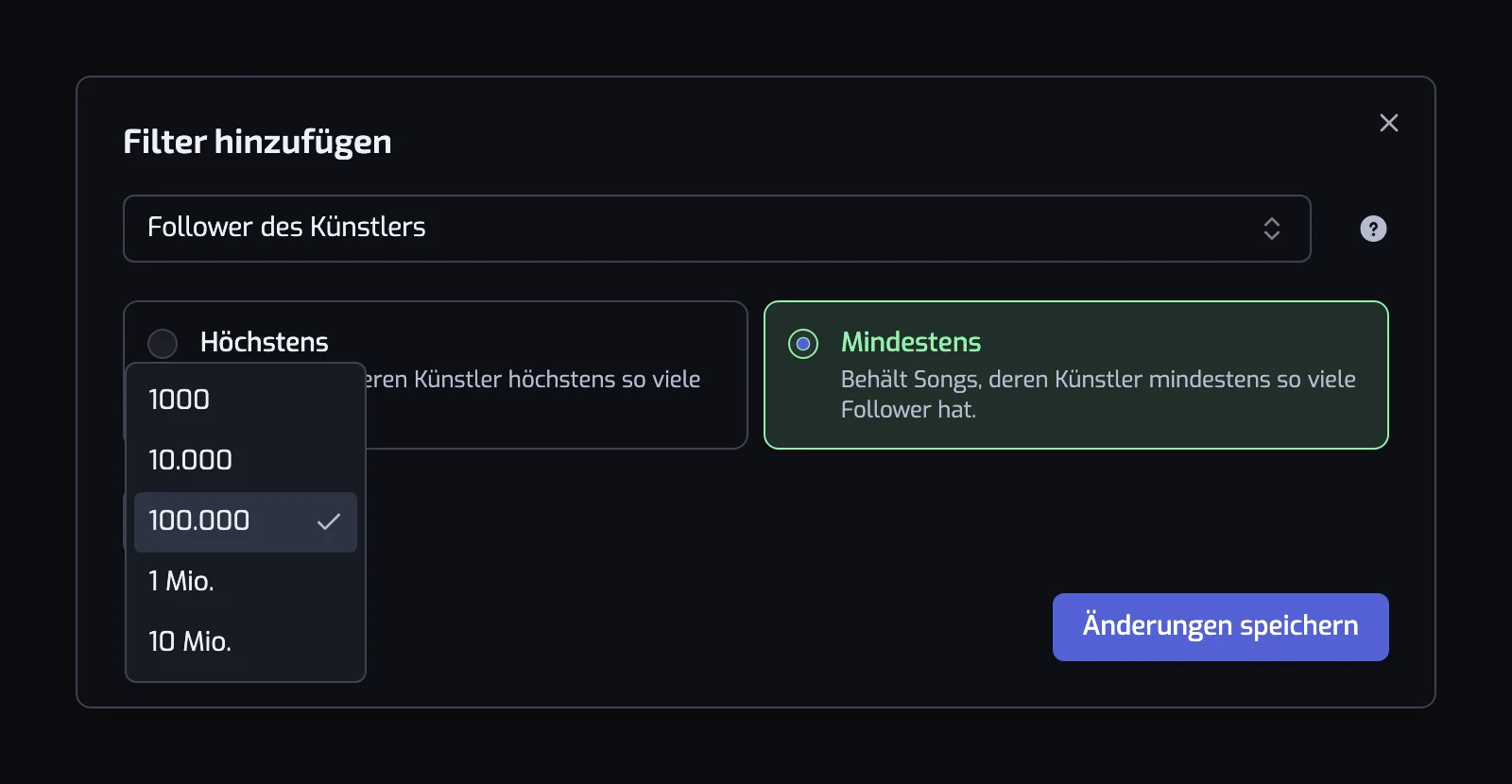 Der Filterdialog Follower des Künstlers mit den Karten Mindestens und Höchstens und der geöffneten Liste der Follower-Zahlen