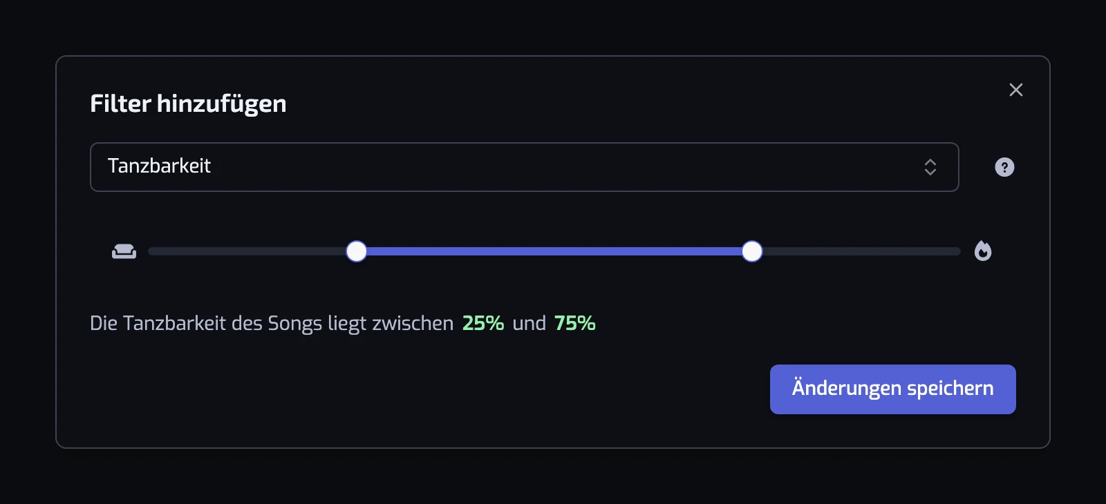 Der Dialog des Tanzbarkeits-Filters mit dem Schieberegler mit zwei Griffen