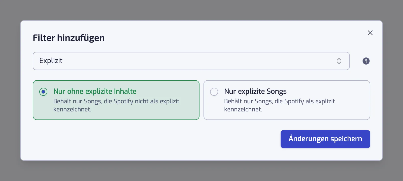 Der Explizit-Filterdialog mit den Karten Nur ohne explizite Inhalte und Nur explizite Songs