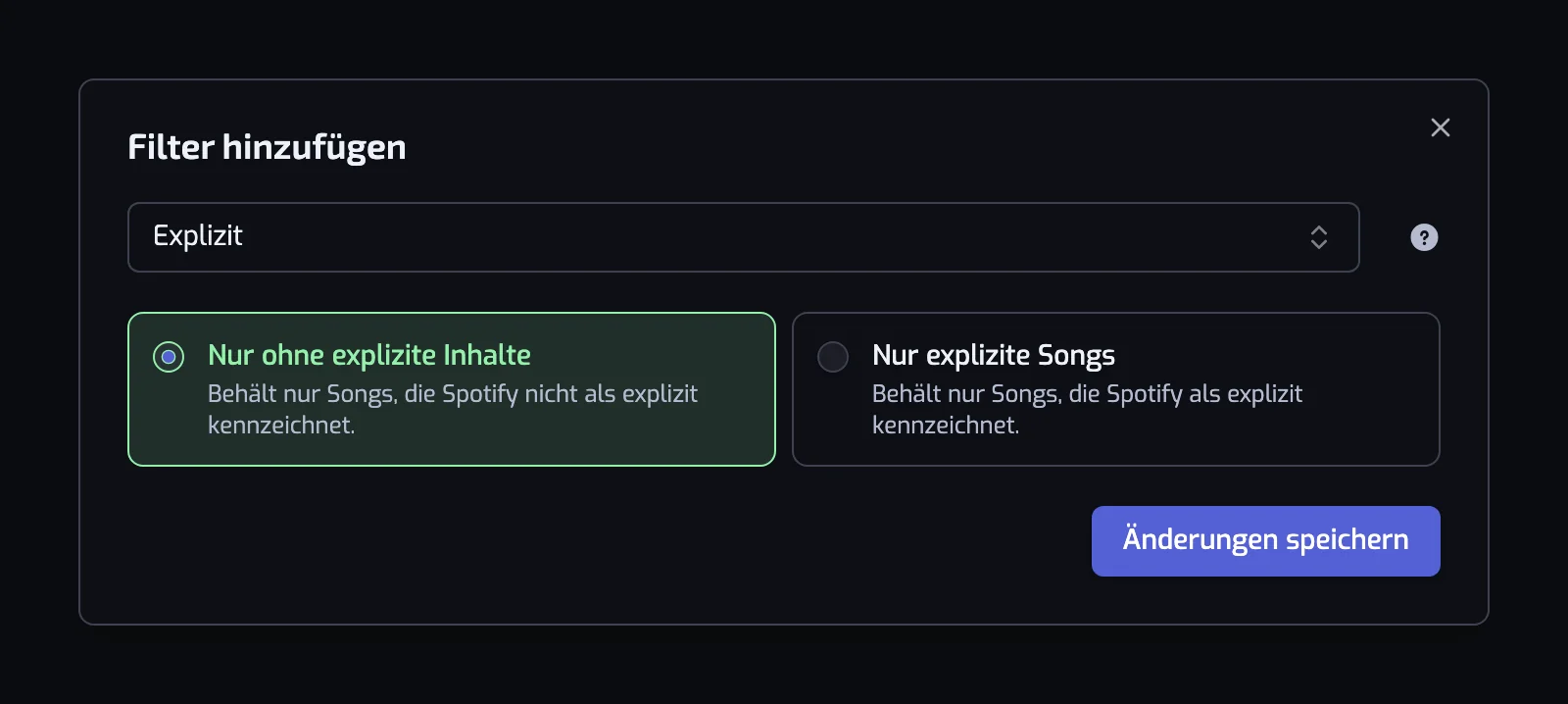 Der Explizit-Filterdialog mit den Karten Nur ohne explizite Inhalte und Nur explizite Songs