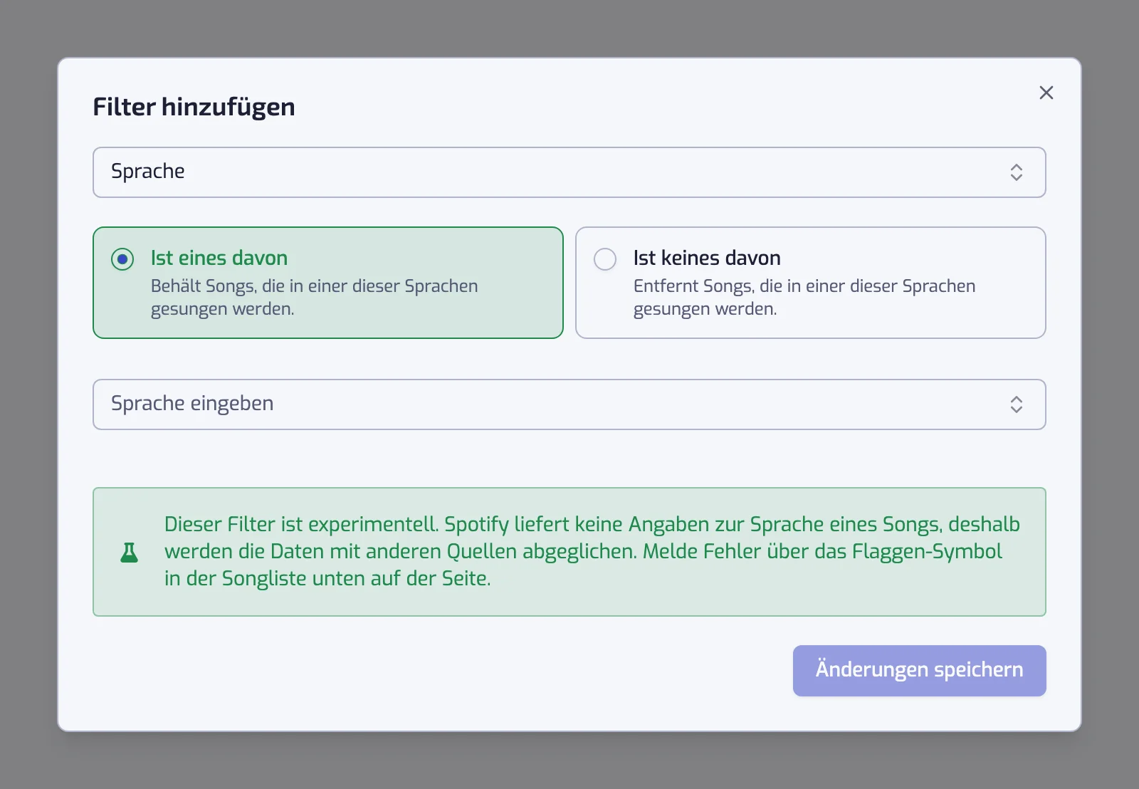 Der Dialog des Sprach-Filters mit den zwei Operator-Karten, der Sprachauswahl und dem Hinweis auf den experimentellen Status