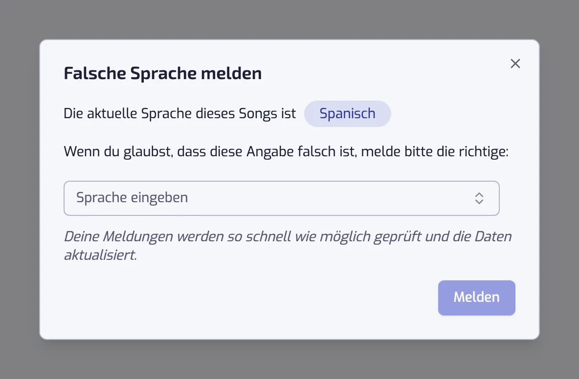 Der Dialog „Falsche Sprache melden“ mit der aktuellen Sprache und einer Auswahl für die richtige