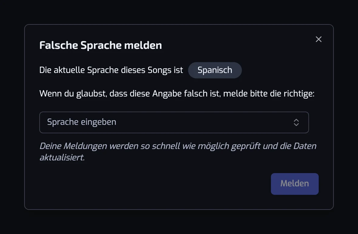 Der Dialog „Falsche Sprache melden“ mit der aktuellen Sprache und einer Auswahl für die richtige