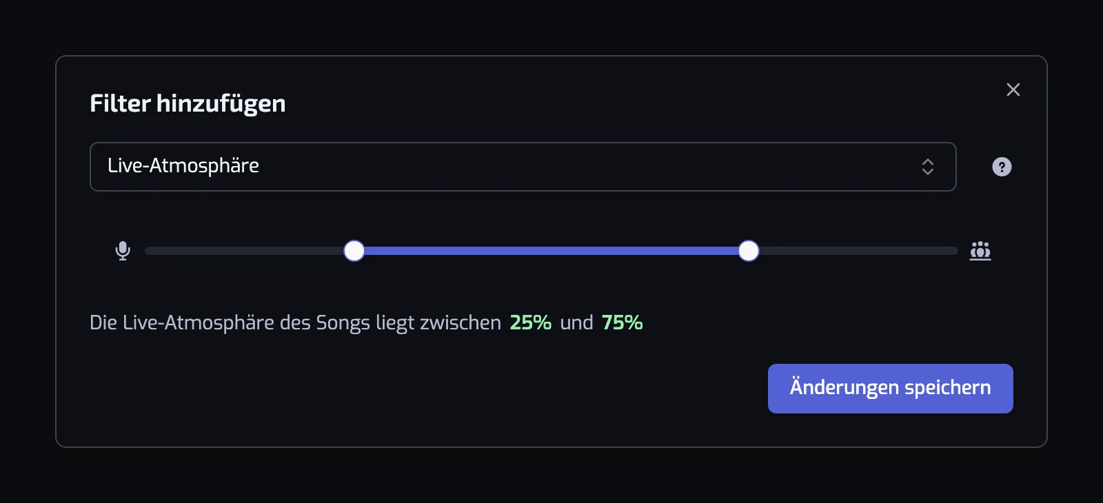 Der Dialog des Filters Live-Atmosphäre mit dem Schieberegler mit zwei Griffen