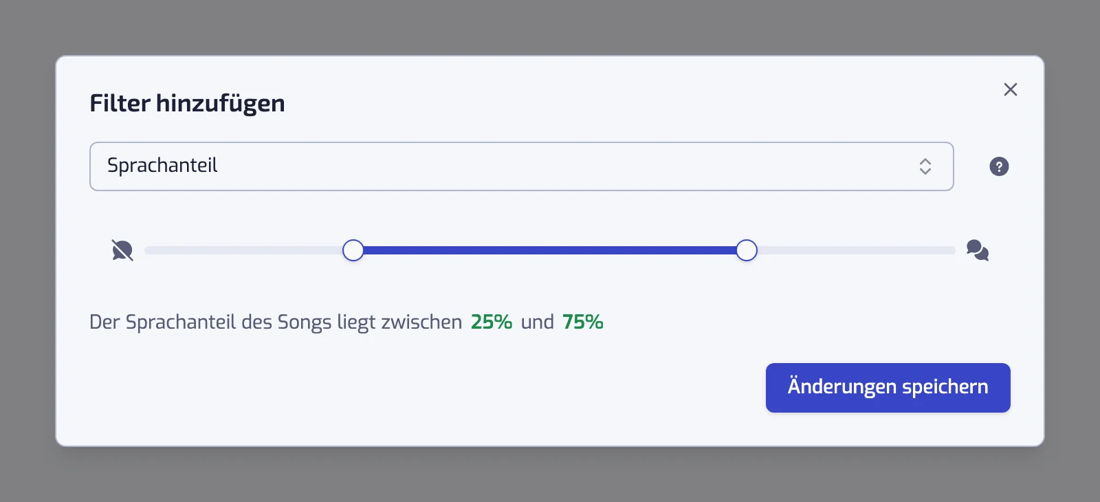 Der Dialog des Sprachanteil-Filters mit dem Schieberegler mit zwei Griffen