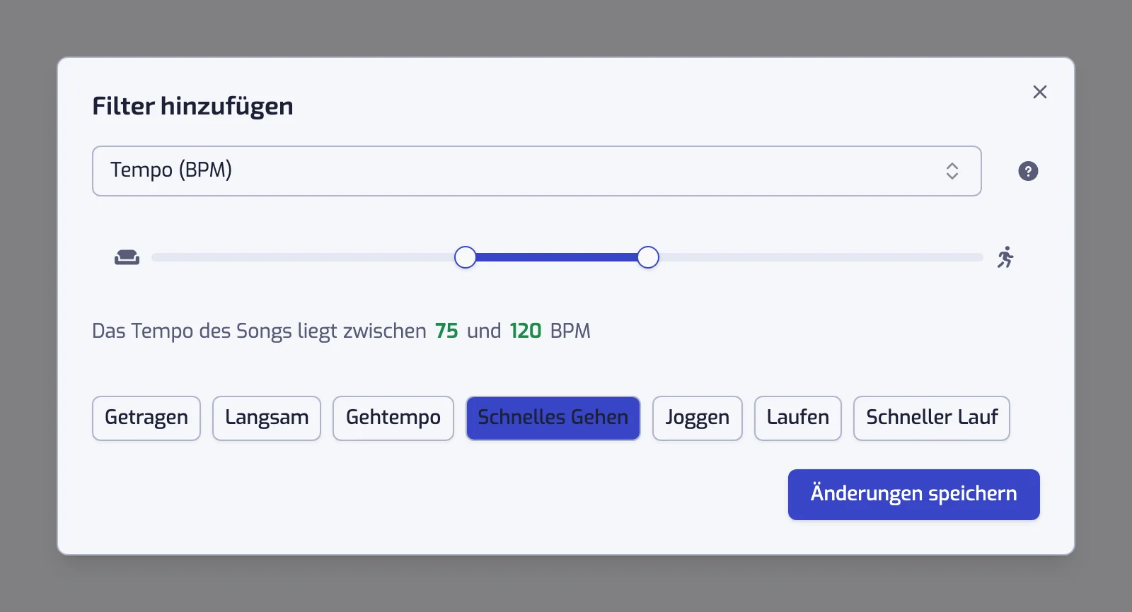 Der Dialog des Tempo-Filters mit dem Schieberegler und den sieben Voreinstellungen von Getragen bis Schneller Lauf
