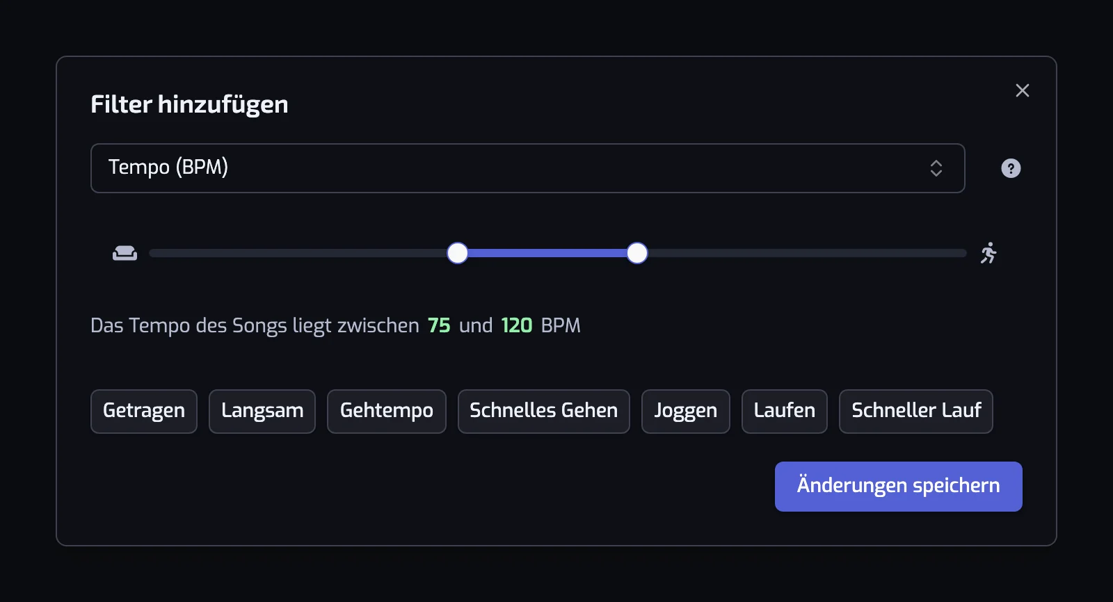 Der Dialog des Tempo-Filters mit dem Schieberegler und den sieben Voreinstellungen von Getragen bis Schneller Lauf