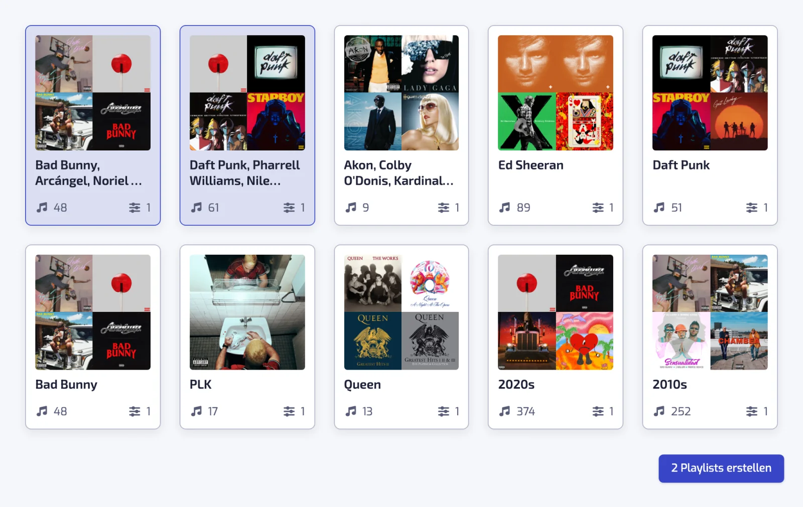 Die Seite „Entdecken“ mit mehreren vorgeschlagenen Playlists, zwei davon ausgewählt