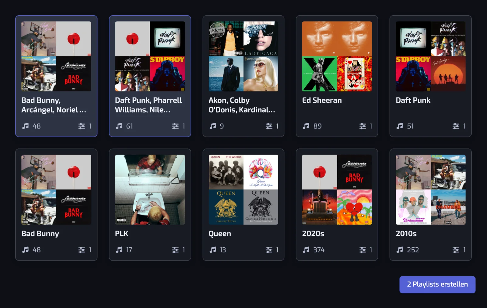 Die Seite „Entdecken“ mit mehreren vorgeschlagenen Playlists, zwei davon ausgewählt