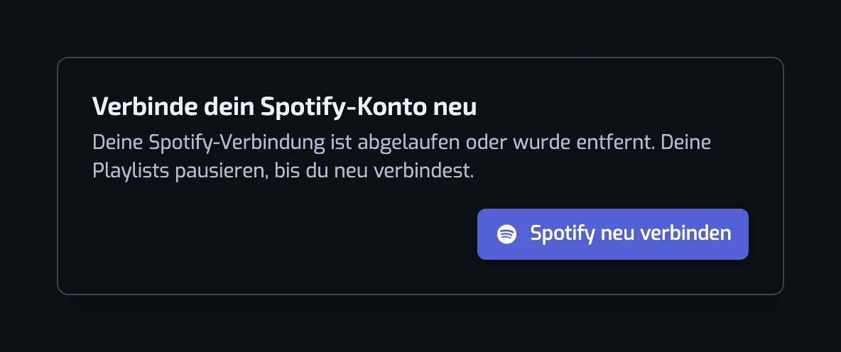 Der Dialog Verbinde dein Spotify-Konto neu, der sagt, dass deine Playlists pausieren, bis du neu verbindest, mit einem einzigen Button Spotify neu verbinden