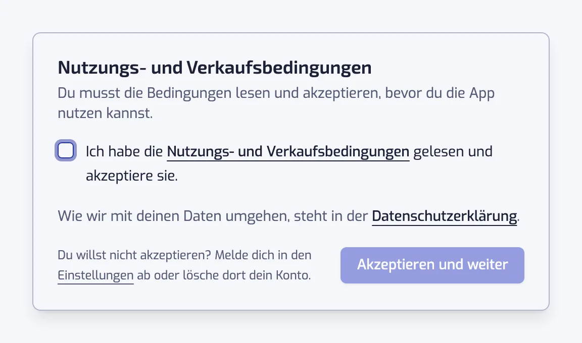 Der Dialog Nutzungs- und Verkaufsbedingungen mit dem Häkchen zum Akzeptieren, dem Link zur Datenschutzerklärung und dem Button Akzeptieren und weiter