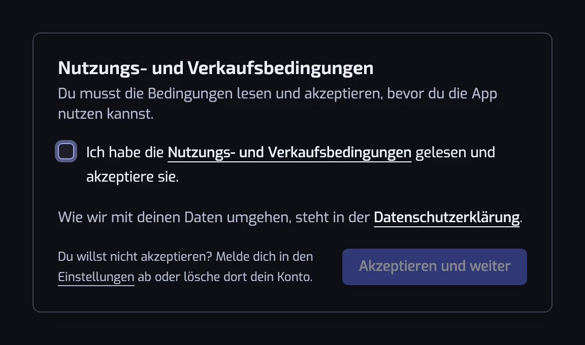 Der Dialog Nutzungs- und Verkaufsbedingungen mit dem Häkchen zum Akzeptieren, dem Link zur Datenschutzerklärung und dem Button Akzeptieren und weiter