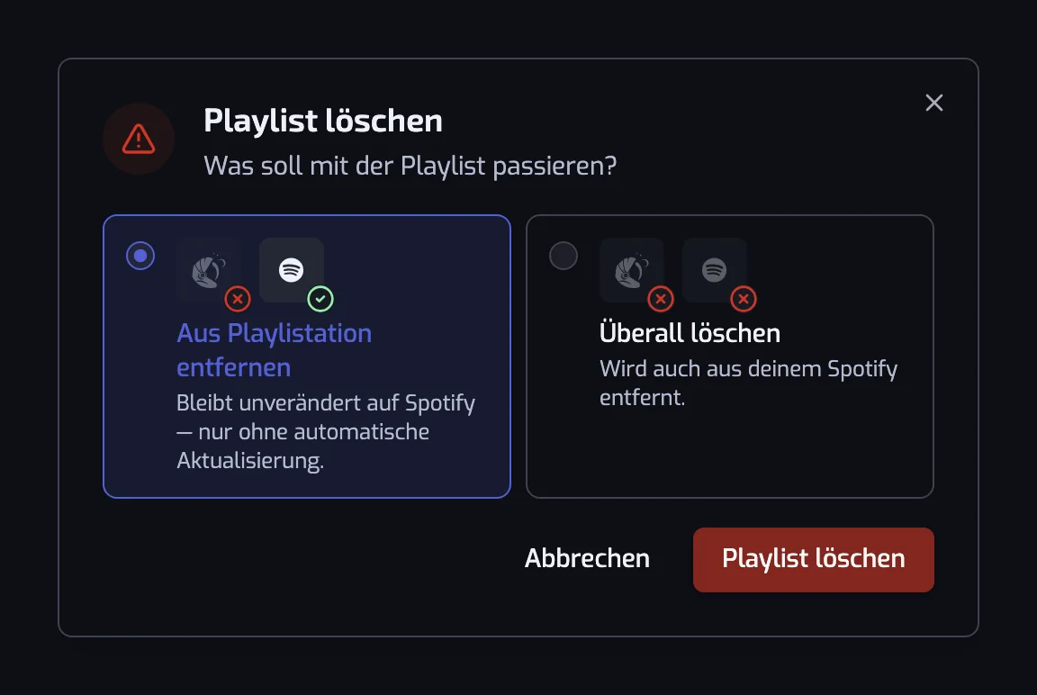 Der Dialog „Playlist löschen“ mit den beiden Optionen „Aus Playlistation entfernen“ und „Überall löschen“
