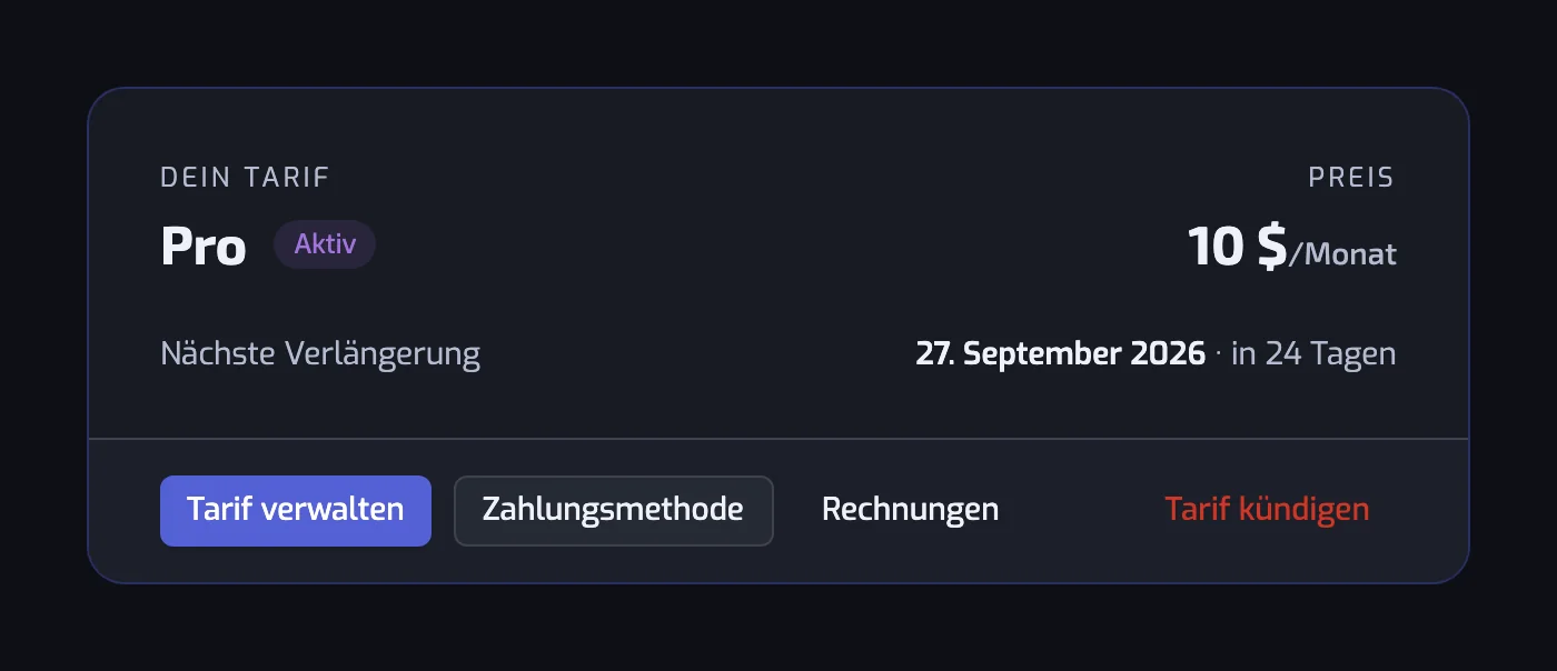 Die Karte des aktuellen Tarifs mit Tarif, Preis, Datum der nächsten Verlängerung und den Buttons Tarif verwalten, Zahlungsmethode, Rechnungen und Tarif kündigen