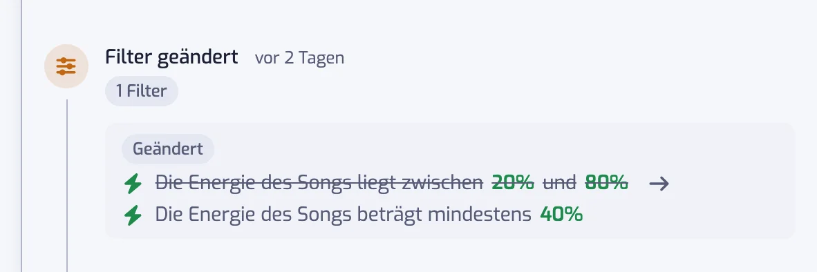 Ein Eintrag Filter geändert mit einem bearbeiteten Energie-Filter, der alte Bereich durchgestrichen und der neue nach einem Pfeil